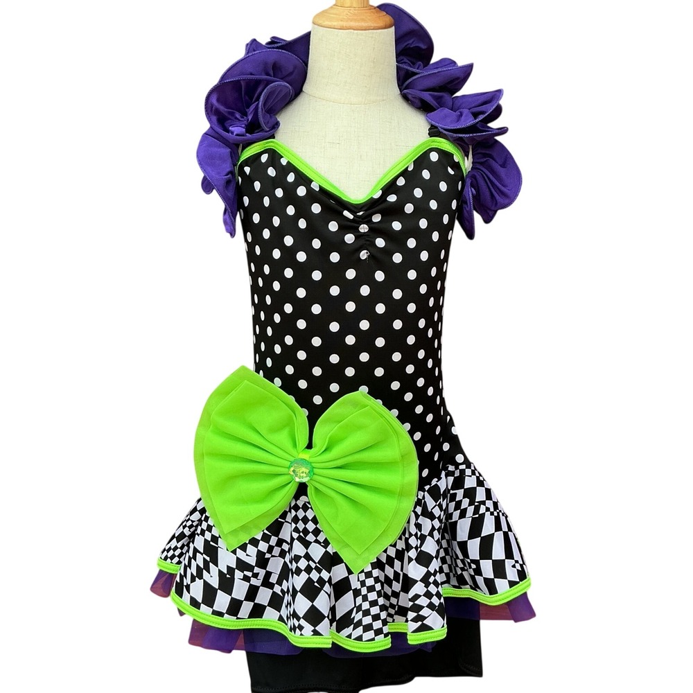 Weissman Dance Leotard Kids SA Black White Polka Dot Checkered Ruffle Costume
